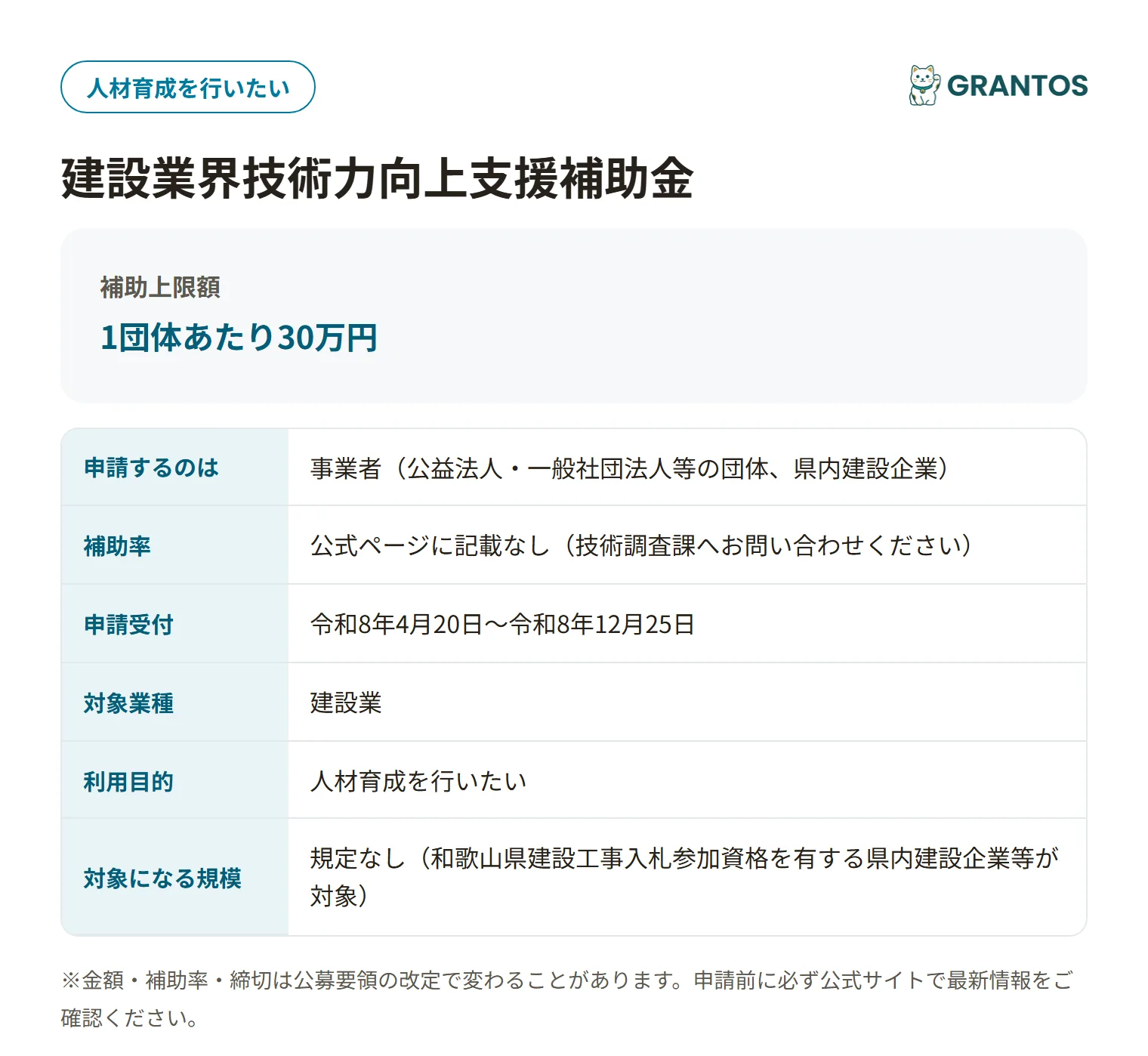 和歌山県建設業界技術力向上支援補助金の対象・金額・締切の概要