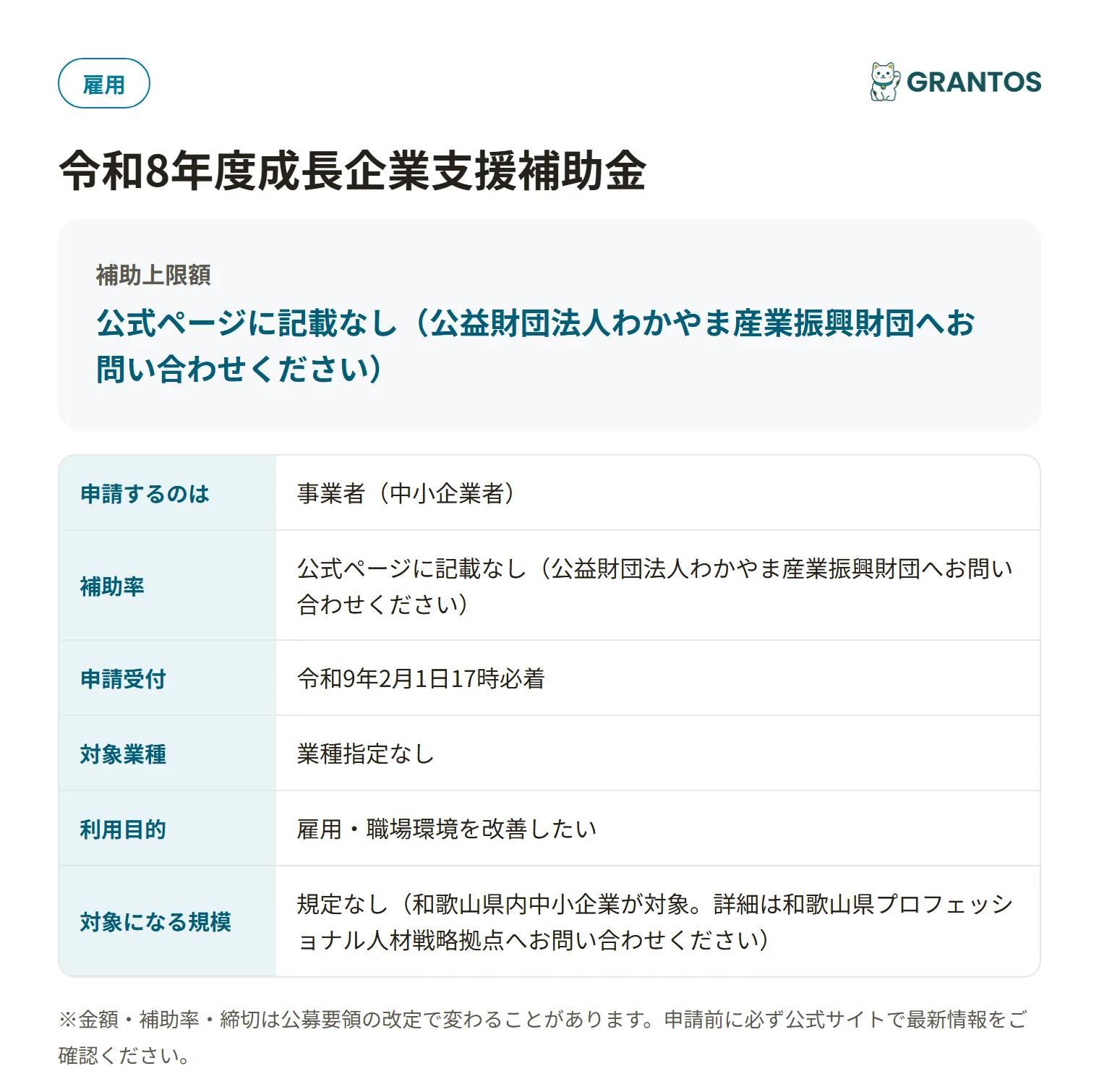 和歌山県成長企業支援補助金の対象・金額・締切の概要