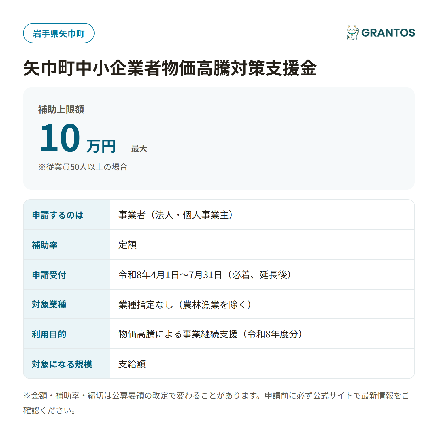 矢巾町中小企業者物価高騰対策支援金の対象・金額・締切の概要