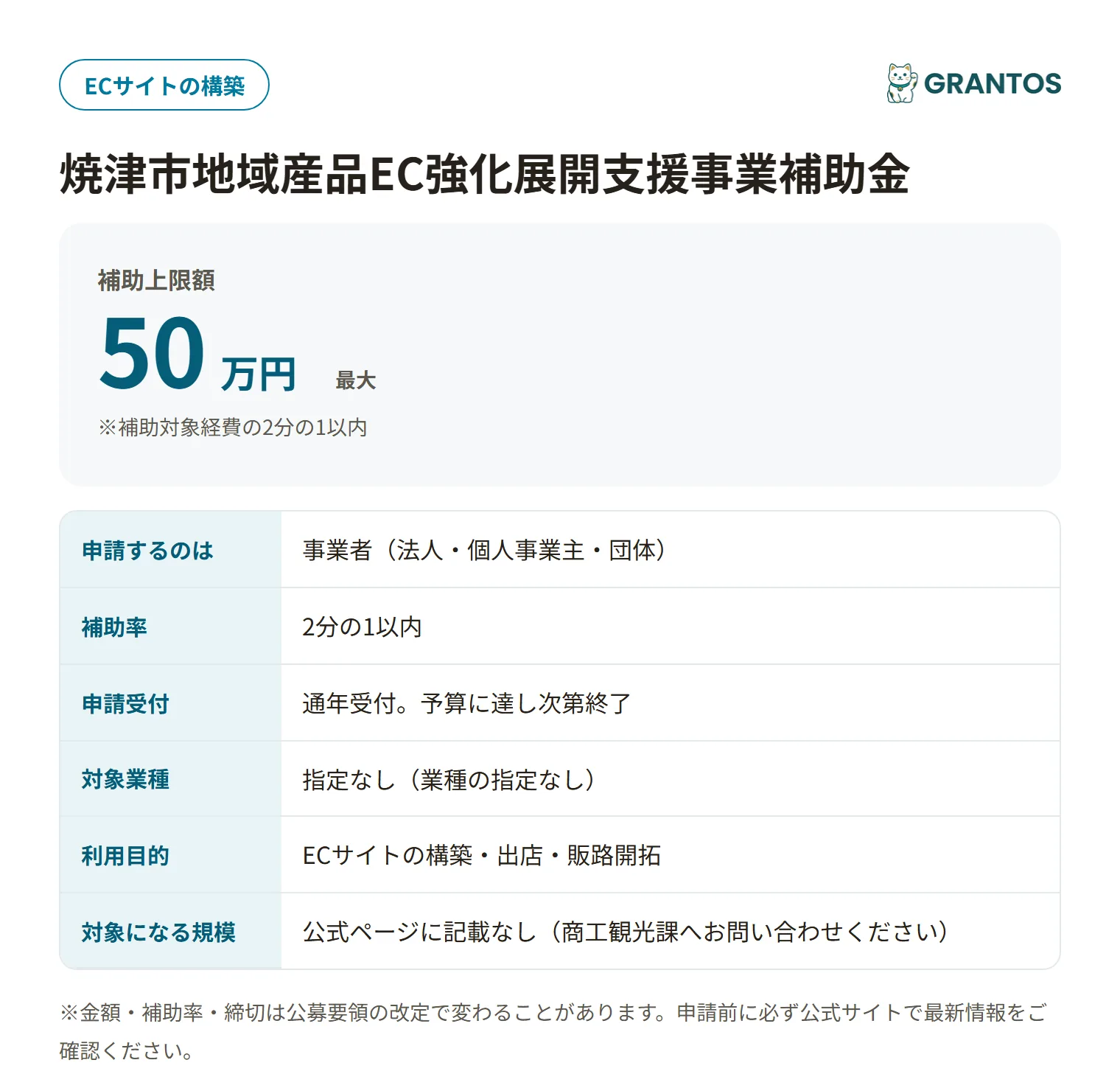 焼津市地域産品EC強化展開支援事業補助金の対象・金額・締切の概要