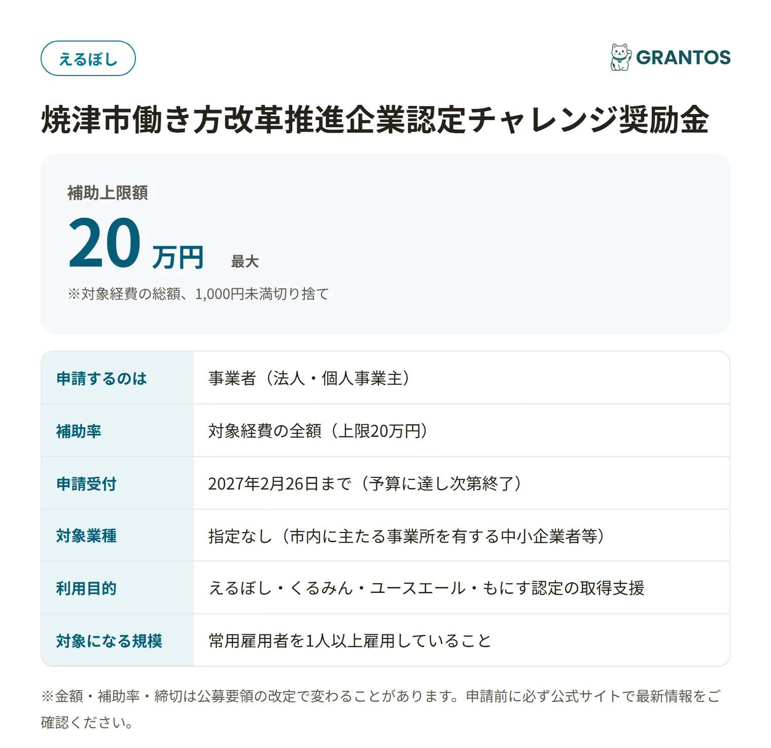 焼津市働き方改革推進企業認定チャレンジ奨励金の対象・金額・締切の概要