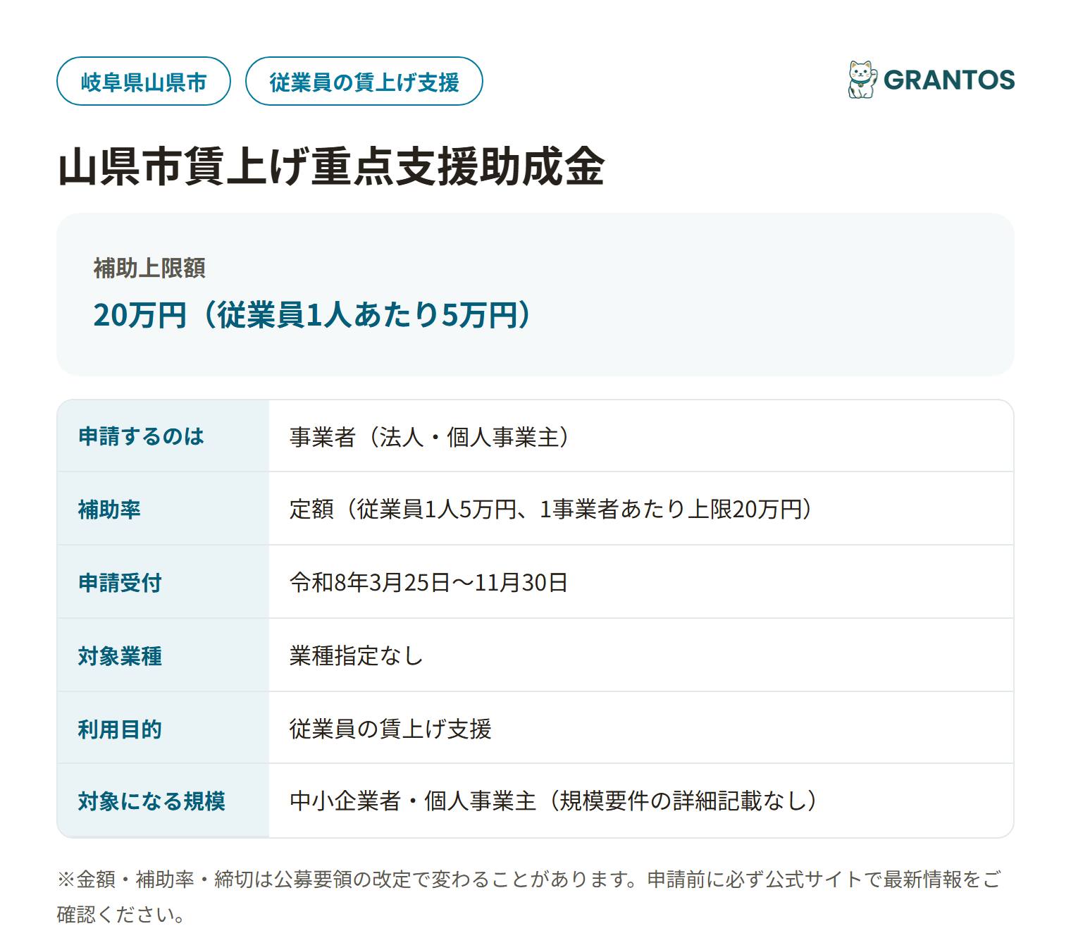 山県市賃上げ重点支援助成金の対象・金額・締切の概要
