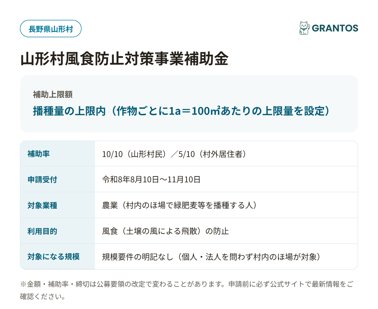 山形村風食防止対策事業補助金の対象・金額・締切の概要