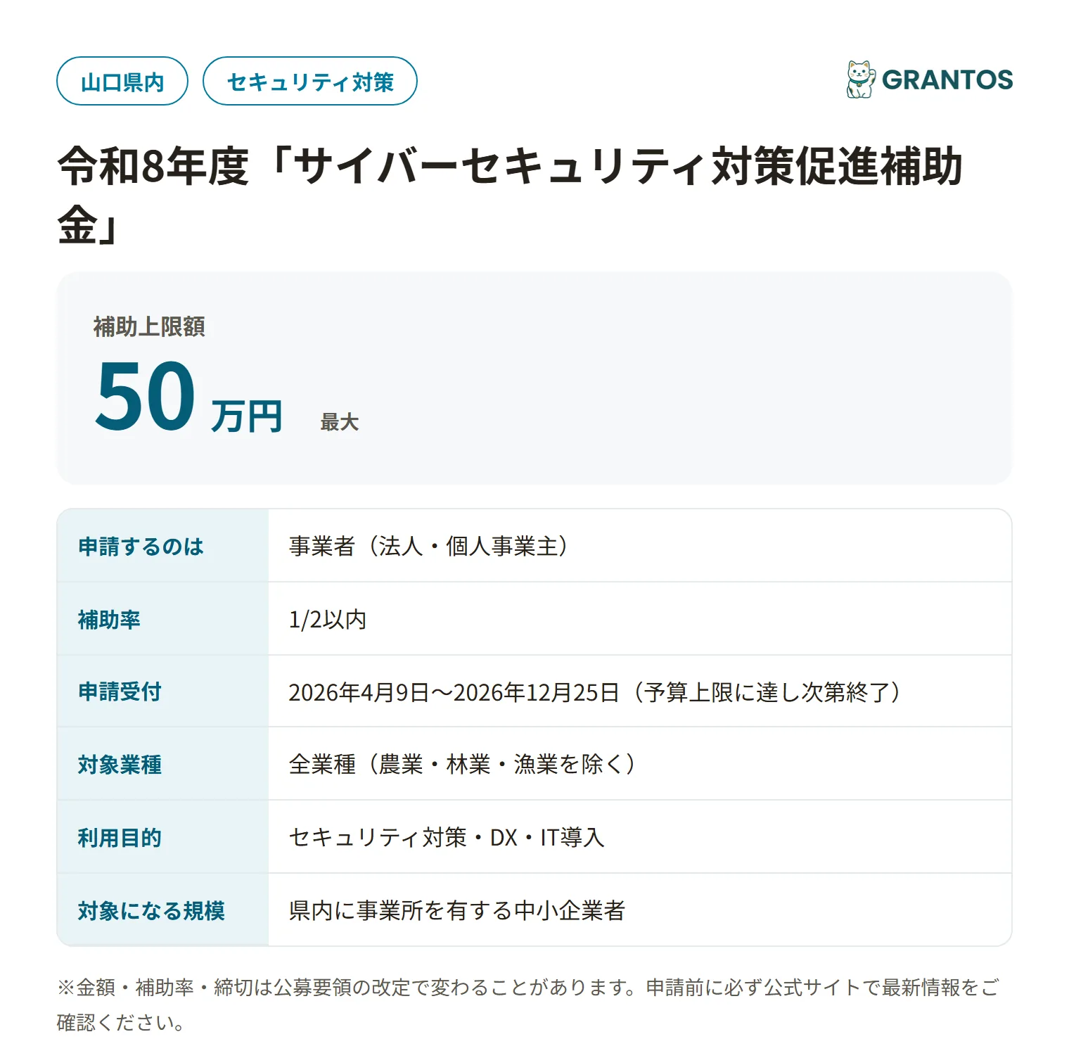サイバーセキュリティ対策促進補助金の対象・金額・締切の概要