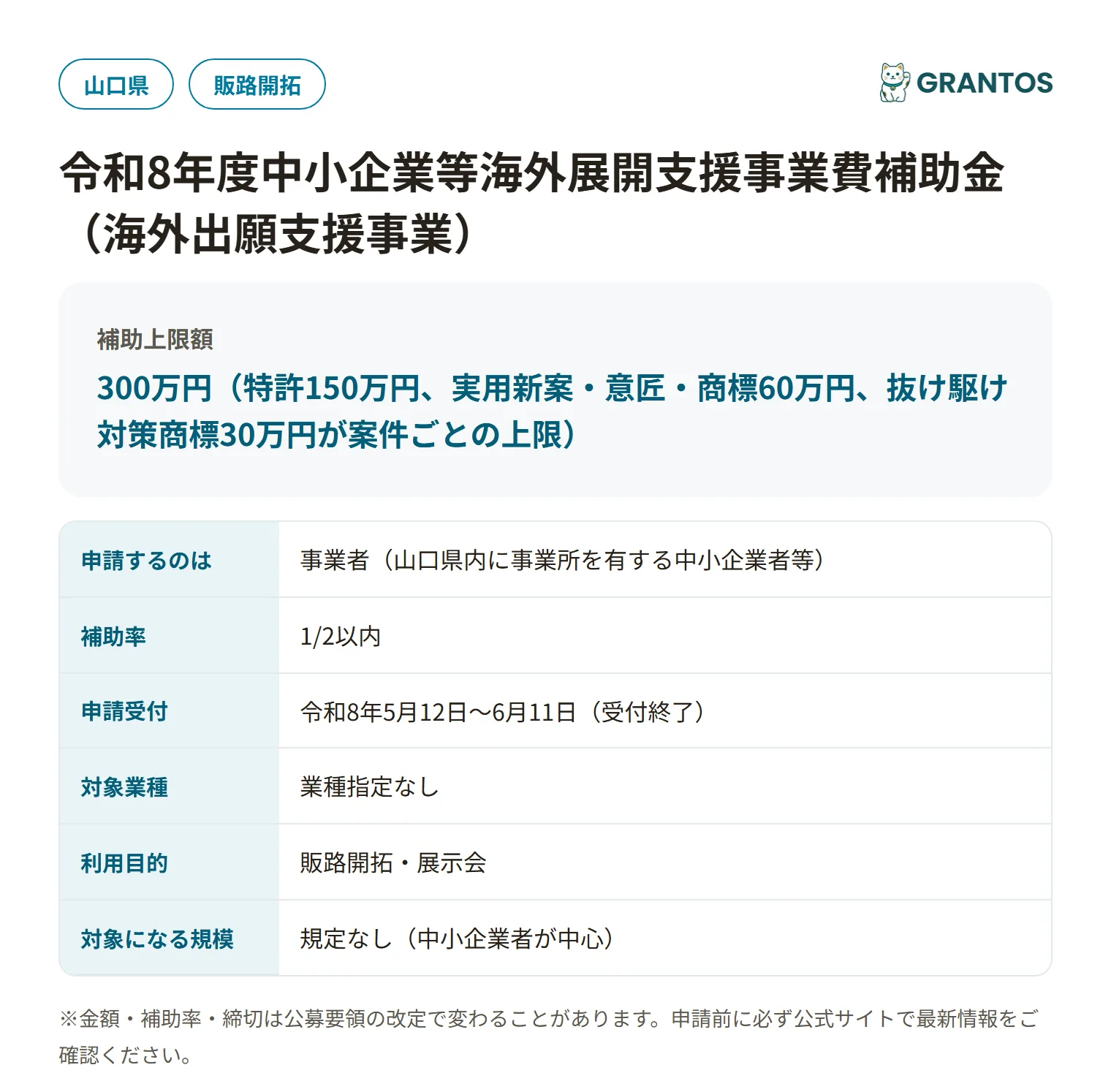 中小企業等海外展開支援事業費補助金（海外出願支援事業）の対象・金額・締切の概要