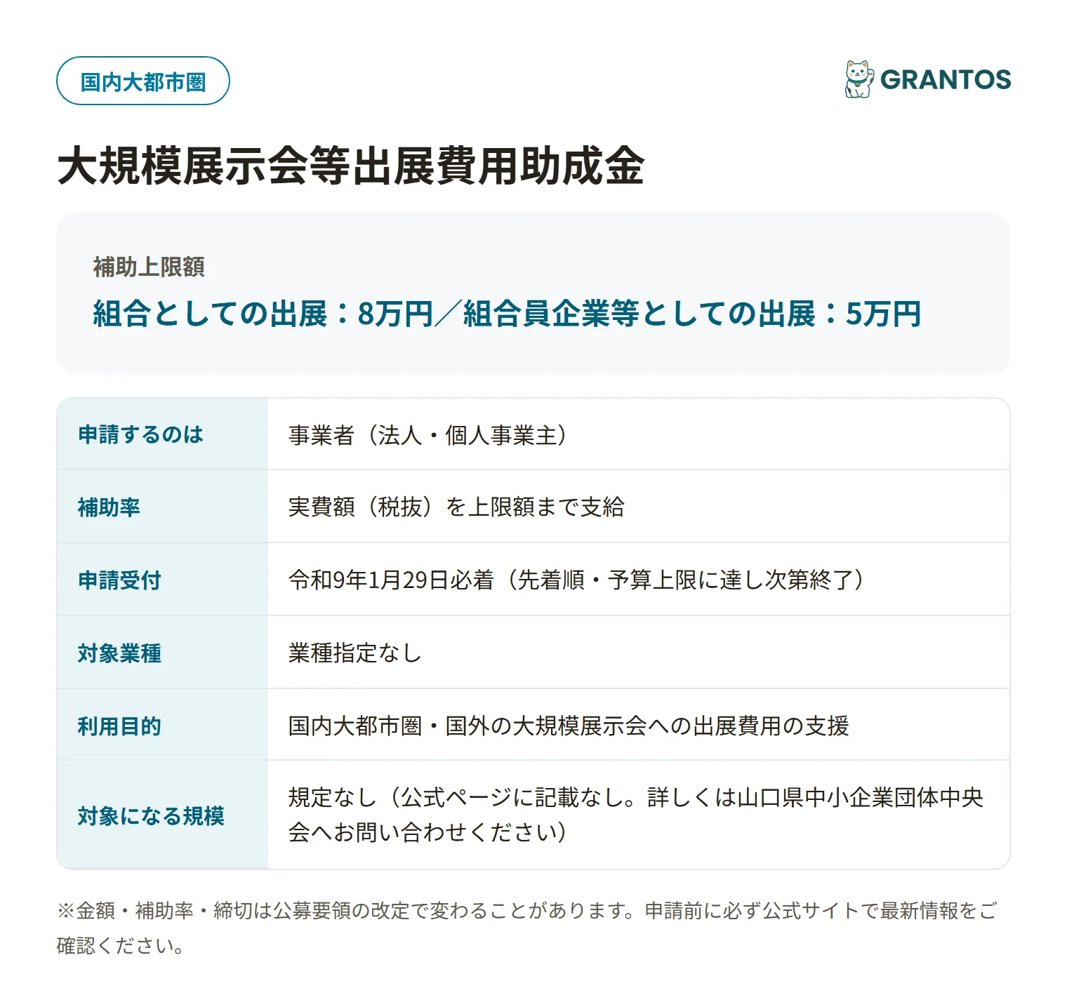 大規模展示会等出展費用助成金の対象・金額・締切の概要