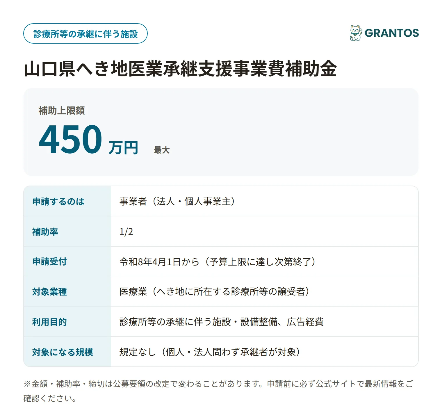 へき地医業承継支援補助金の対象・金額・締切の概要