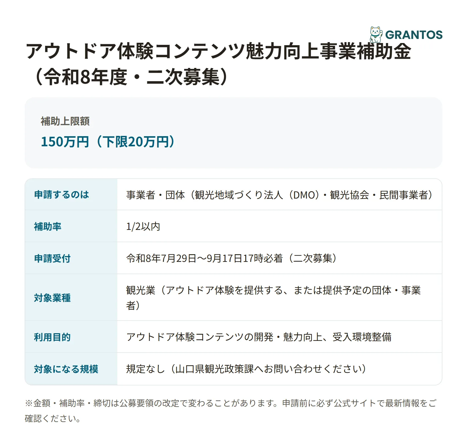 アウトドア体験コンテンツ魅力向上事業補助金の対象・金額・締切の概要