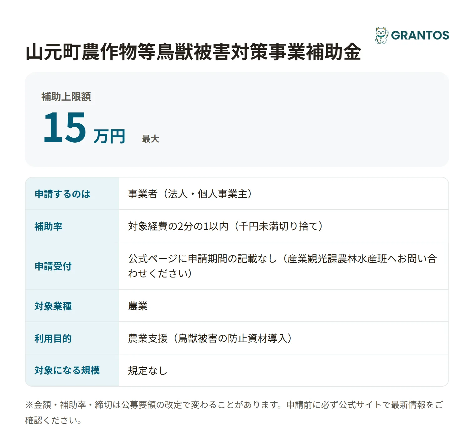 山元町農作物等鳥獣被害対策事業補助金の対象・金額・締切の概要