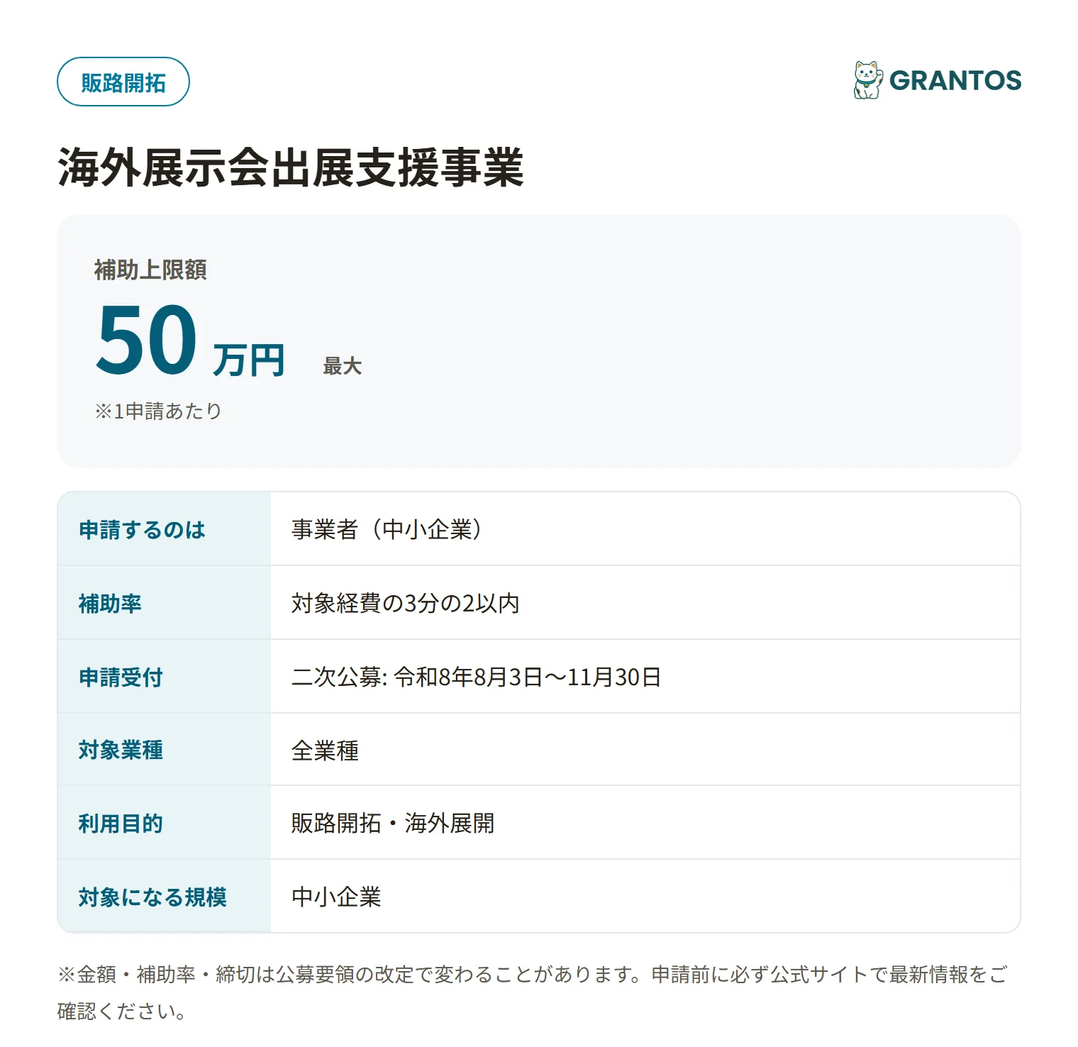 海外展示会出展支援事業の対象・金額・締切の概要