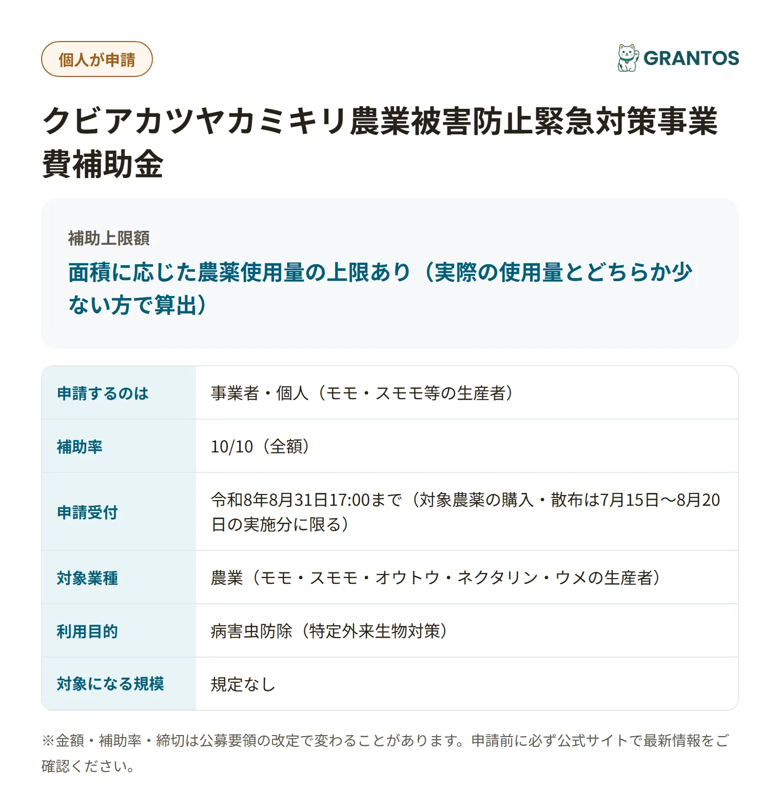 クビアカツヤカミキリ農業被害防止緊急対策事業費補助金の対象・金額・締切の概要