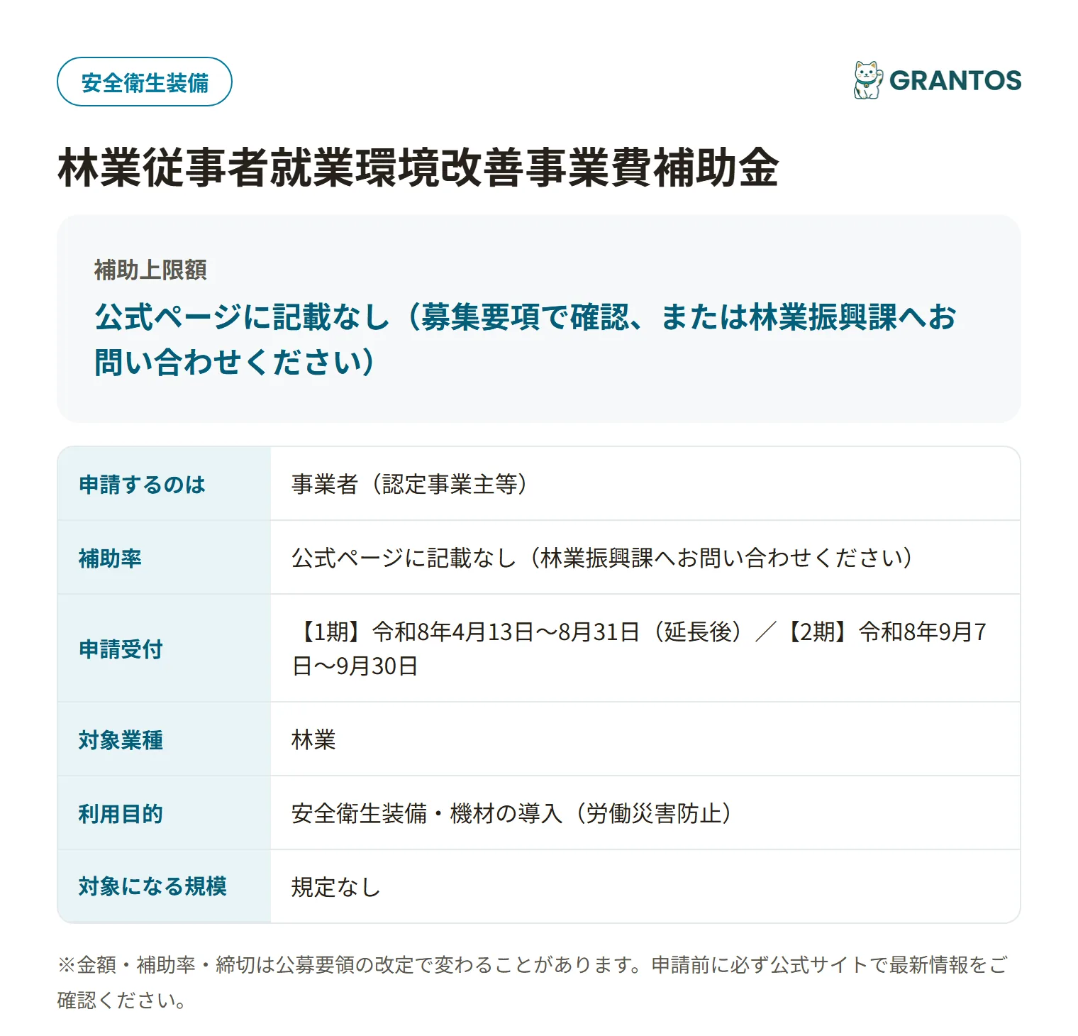林業従事者就業環境改善事業費補助金の対象・金額・締切の概要