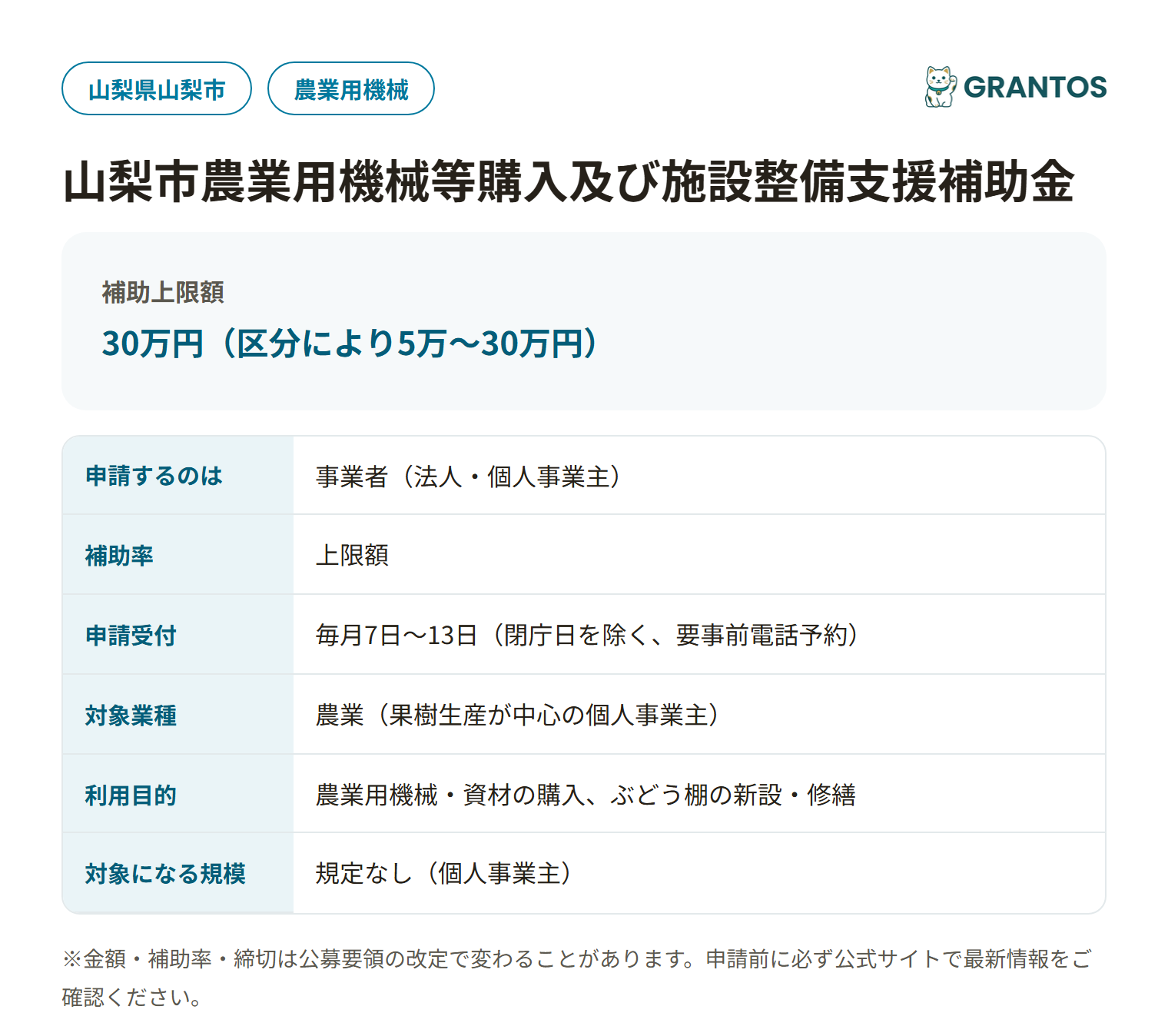 山梨市農業用機械等購入及び施設整備支援補助金の対象・金額・締切の概要