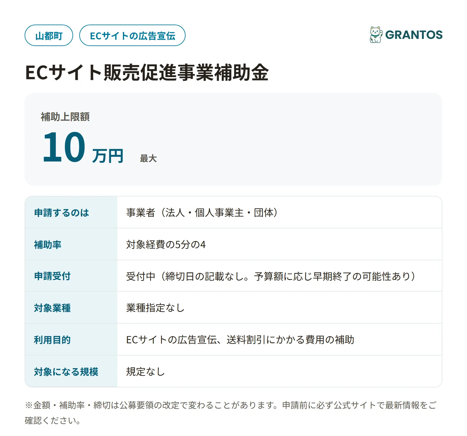 山都町ECサイト販売促進事業補助金の対象・金額・締切の概要