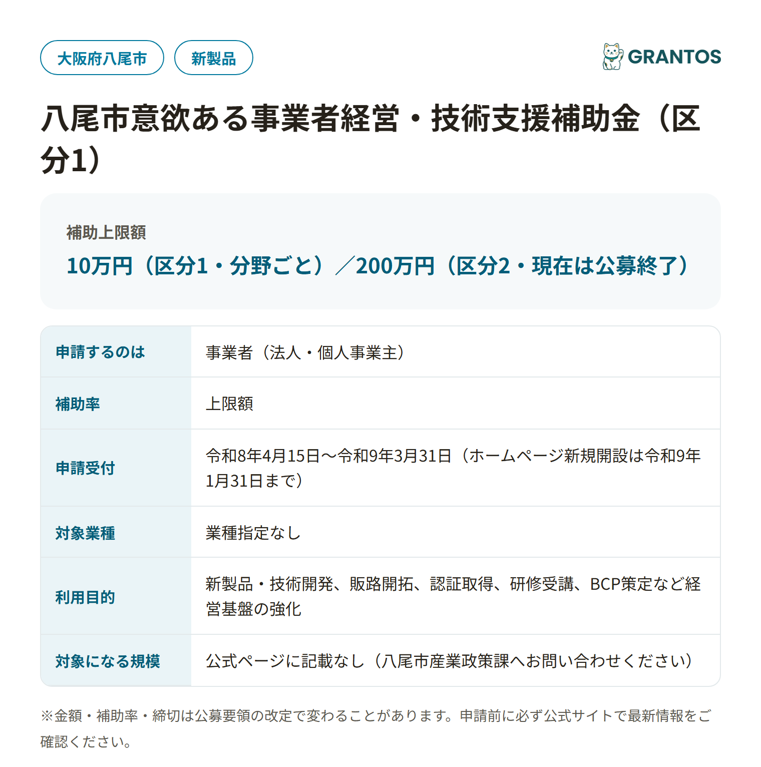 八尾市意欲ある事業者経営・技術支援補助金の対象・金額・締切の概要