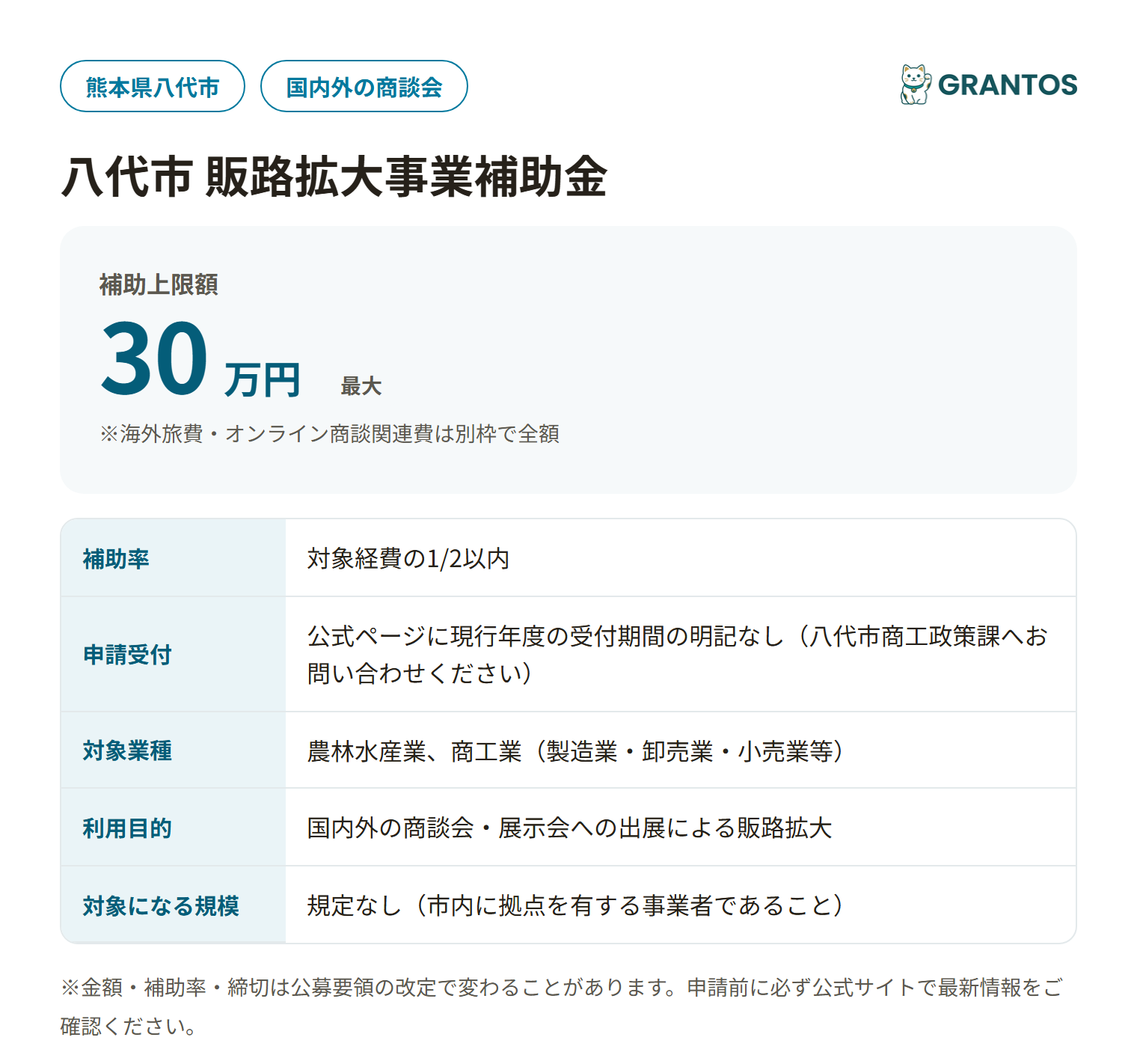 八代市販路拡大事業補助金の対象・金額・締切の概要