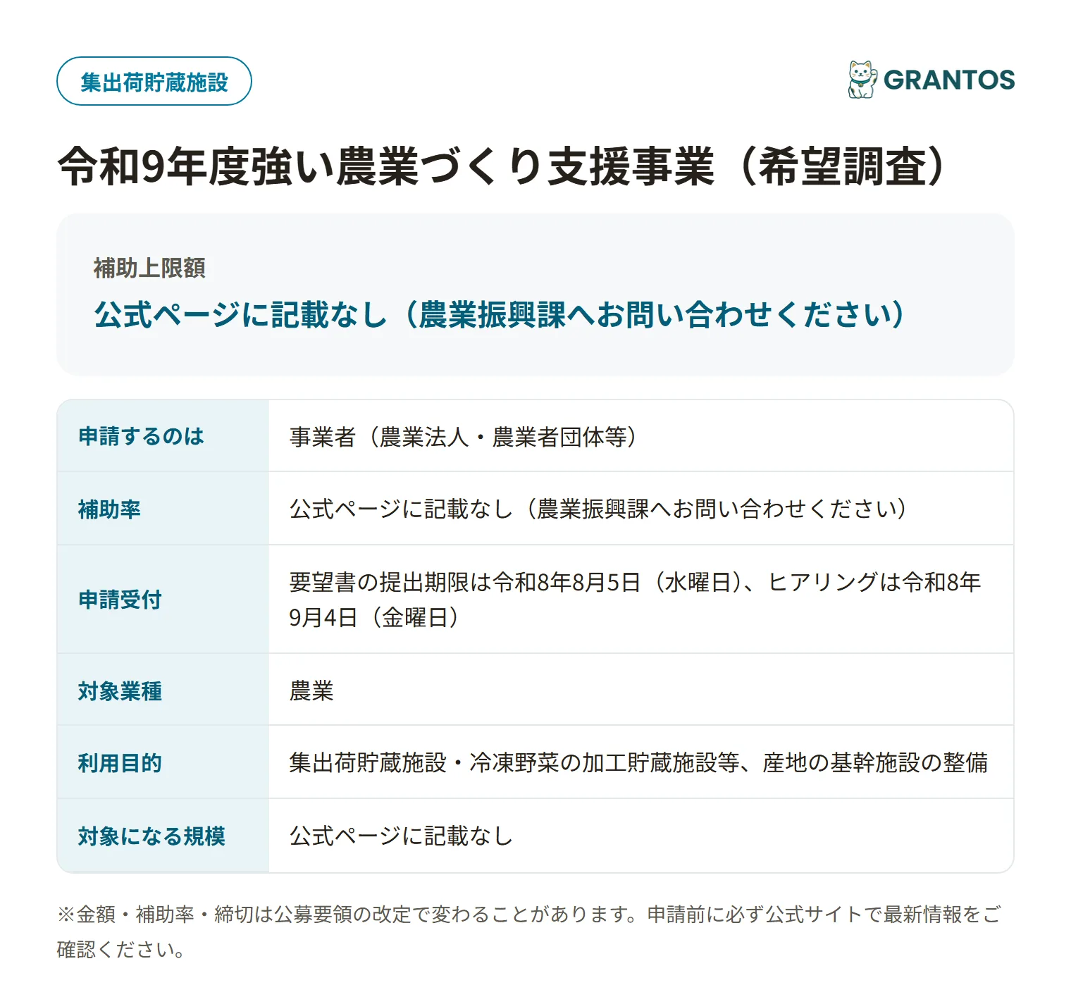 強い農業づくり支援事業の対象・金額・締切の概要