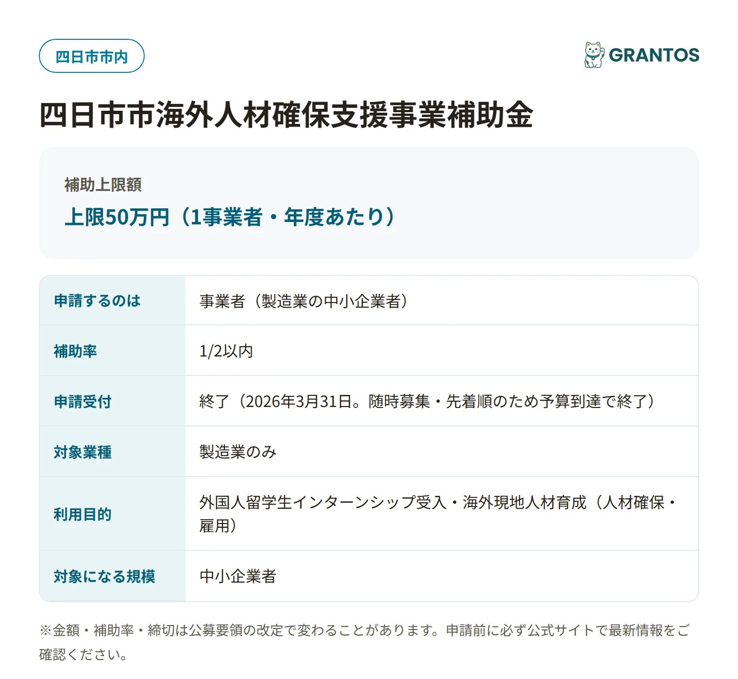 四日市市海外人材確保支援事業補助金の対象・金額・締切の概要