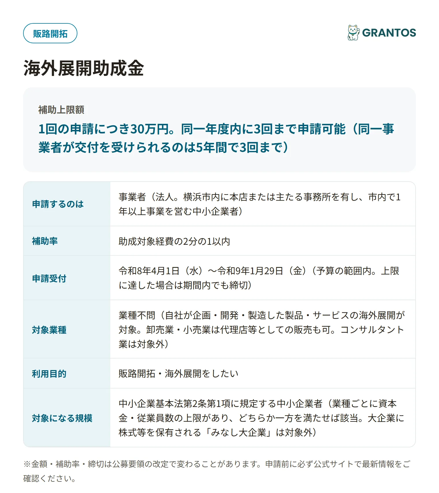海外展開助成金の対象・金額・締切の概要