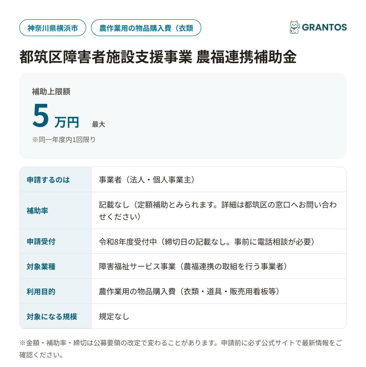 都筑区障害者施設支援事業 農福連携補助金の対象・金額・締切の概要