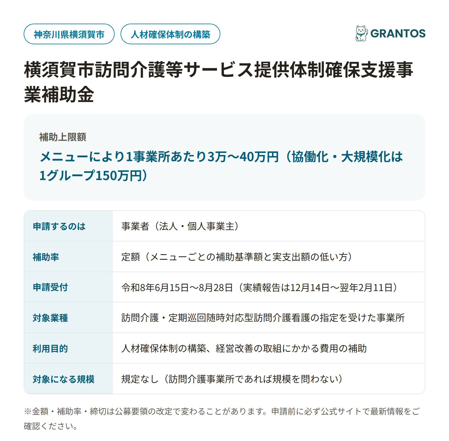 横須賀市訪問介護等サービス提供体制確保支援事業補助金の対象・金額・締切の概要