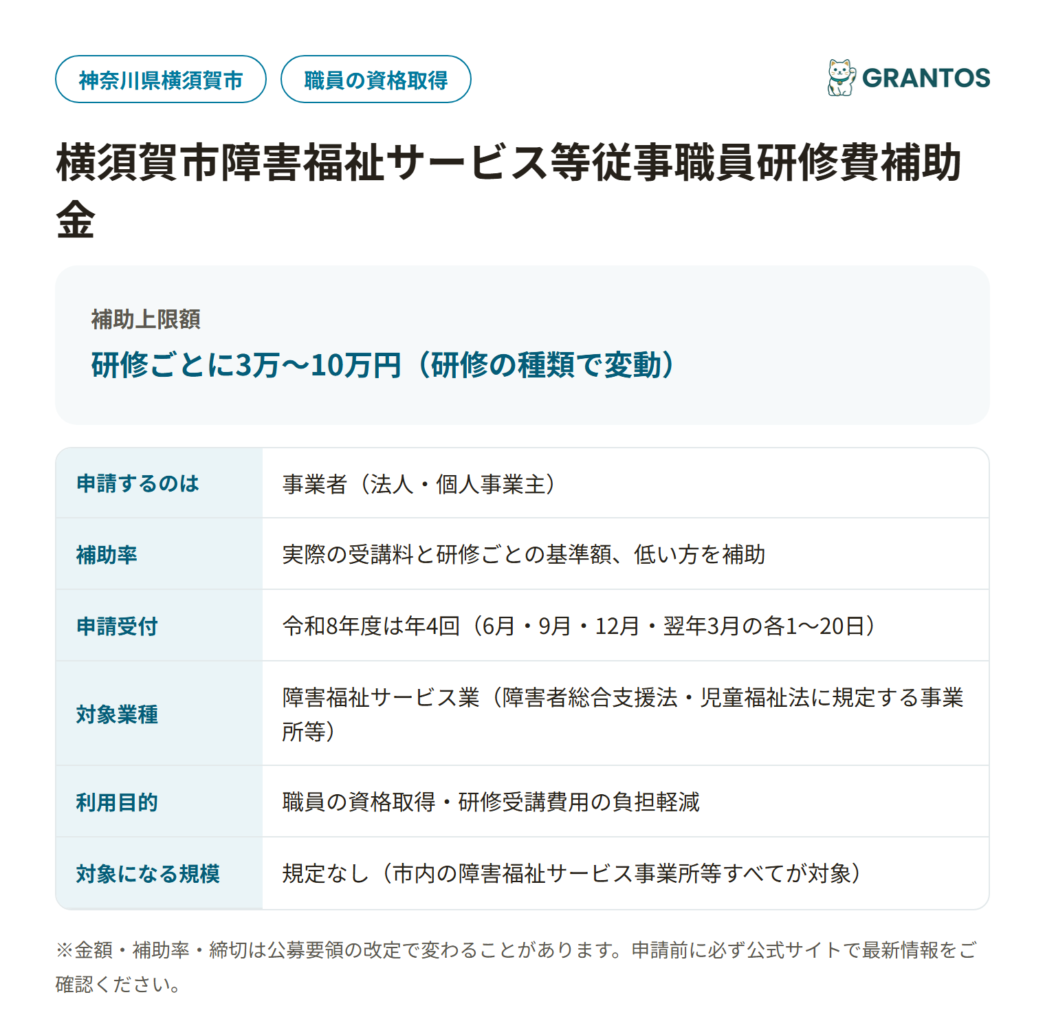 横須賀市障害福祉サービス等従事職員研修費補助金の対象・金額・締切の概要