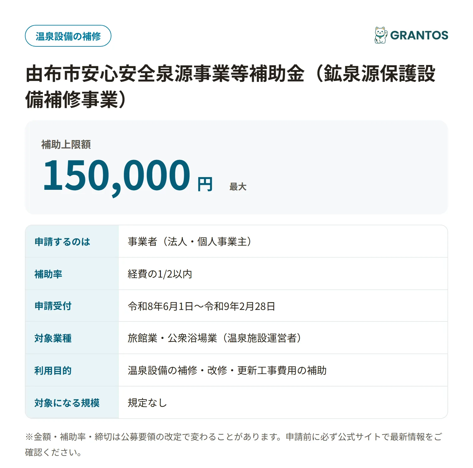 由布市安心安全泉源事業等補助金（鉱泉源保護設備補修事業）の対象・金額・締切の概要