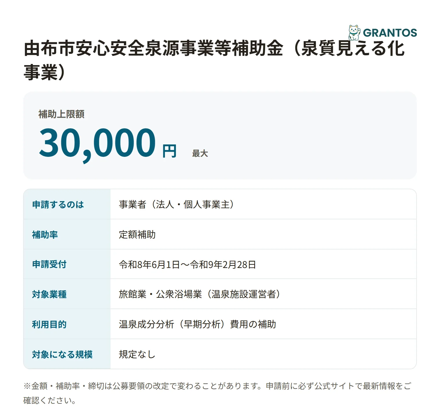 由布市安心安全泉源事業等補助金（泉質見える化事業）の対象・金額・締切の概要