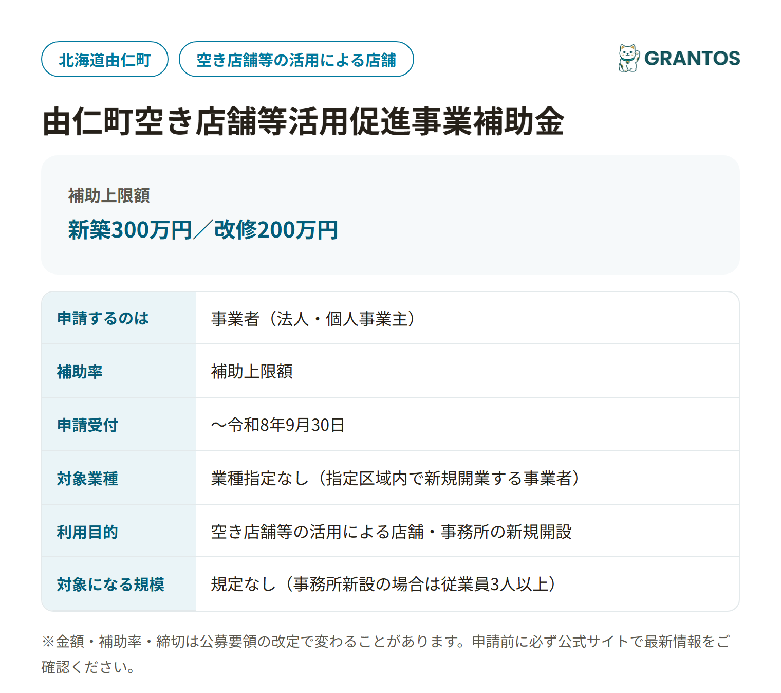 由仁町空き店舗等活用促進事業補助金の対象・金額・締切の概要