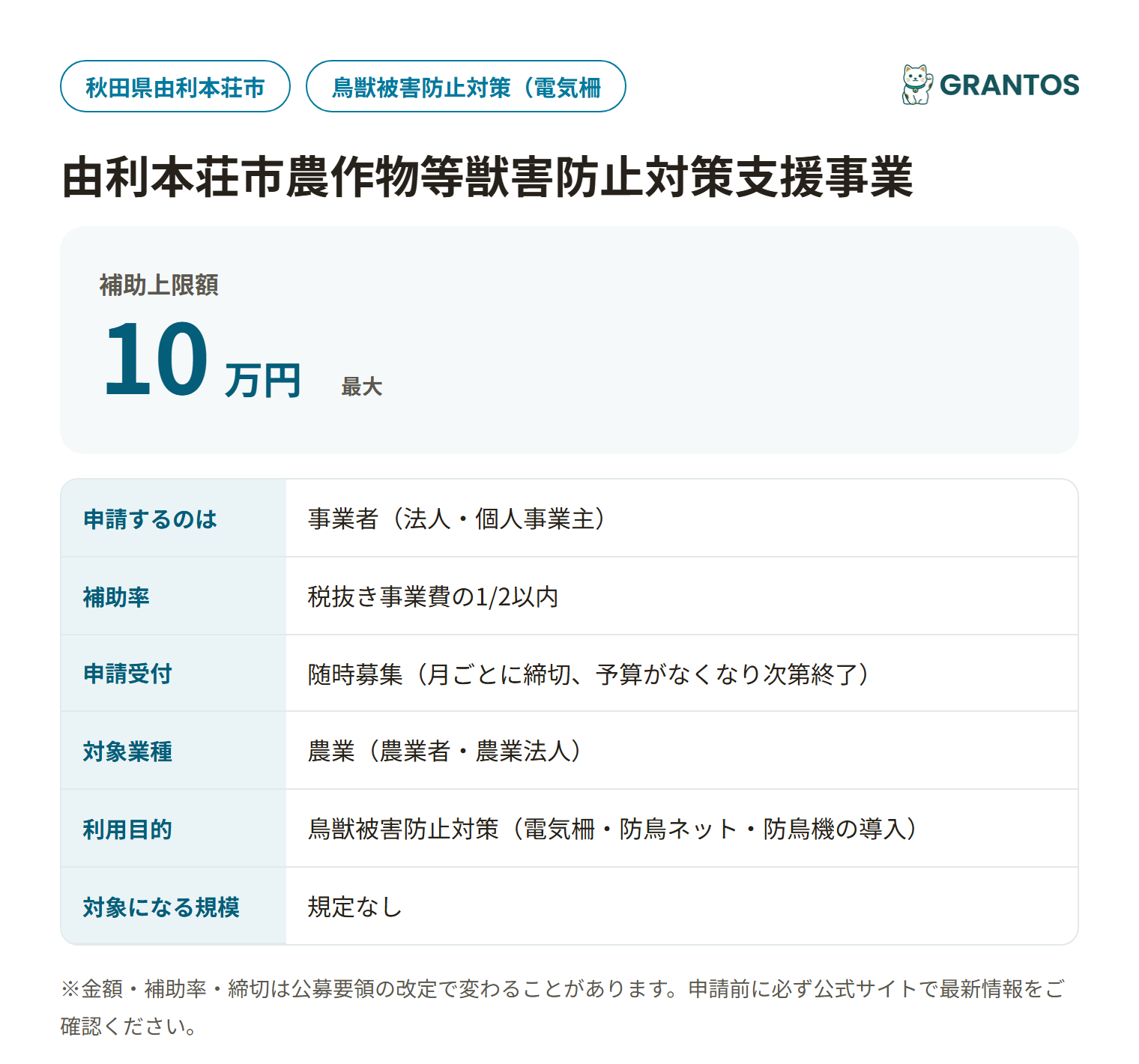 由利本荘市農作物等獣害防止対策支援事業の対象・金額・締切の概要