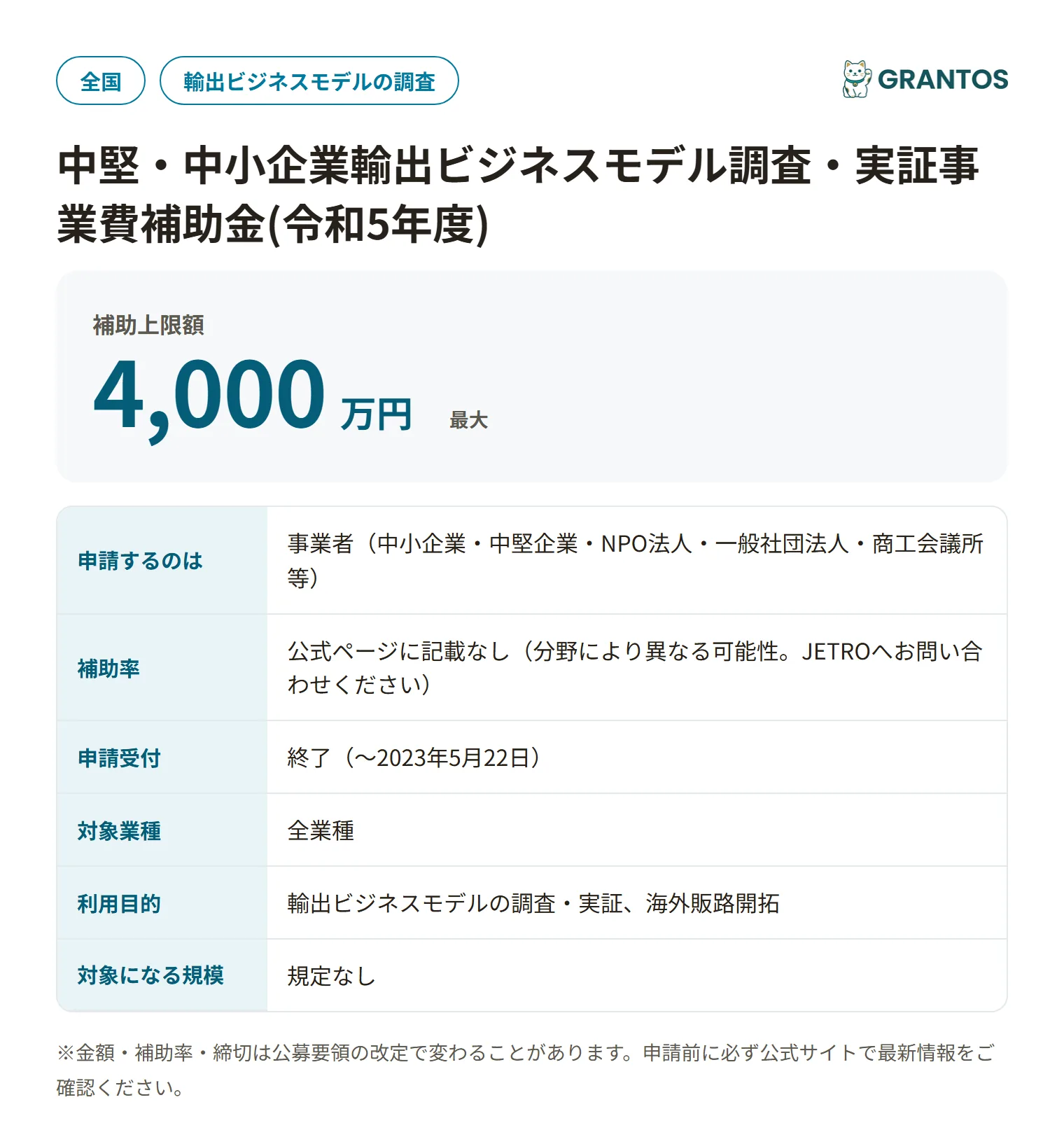 中堅・中小企業輸出ビジネスモデル調査実証補助金(令和5年度)の対象・金額・締切の概要