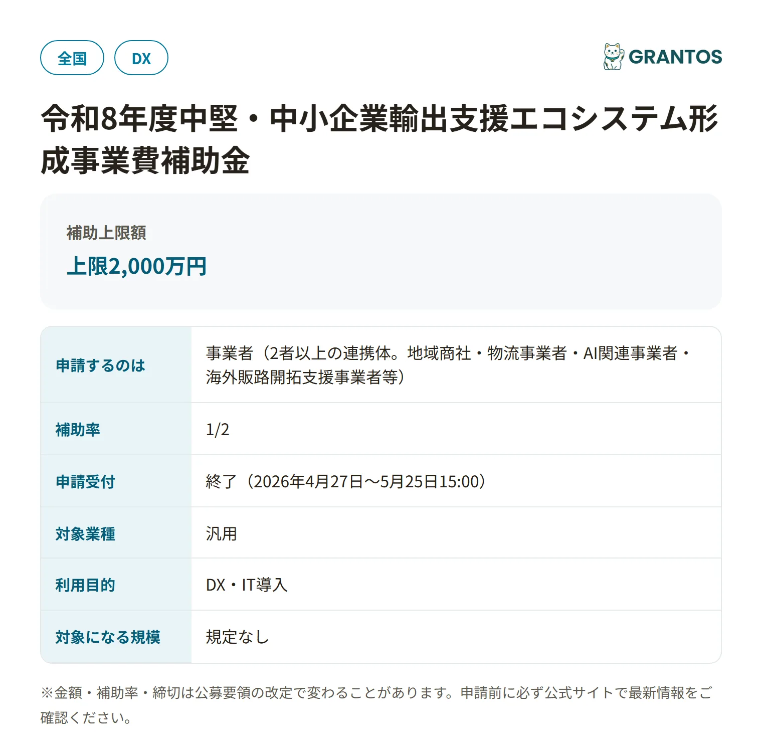 中堅・中小企業輸出支援エコシステム形成事業費補助金の対象・金額・締切の概要