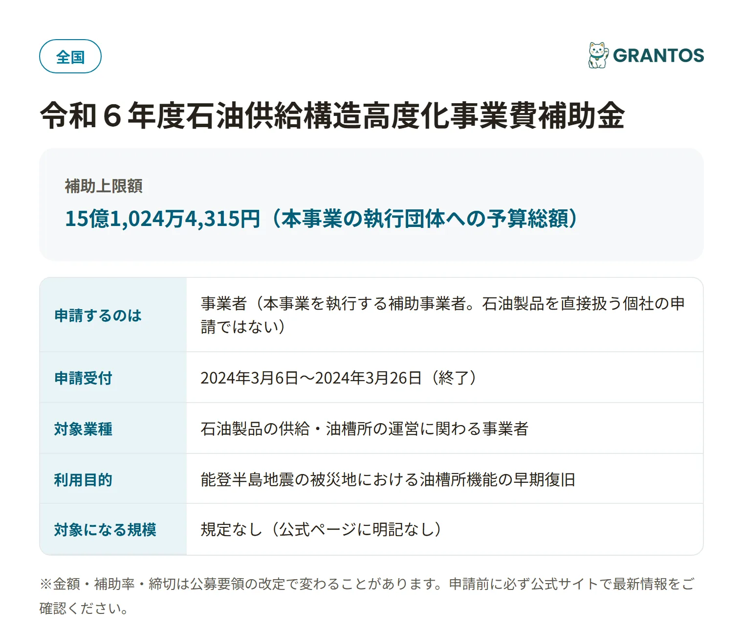 油槽所等早期復旧支援事業補助金の対象・金額・締切の概要
