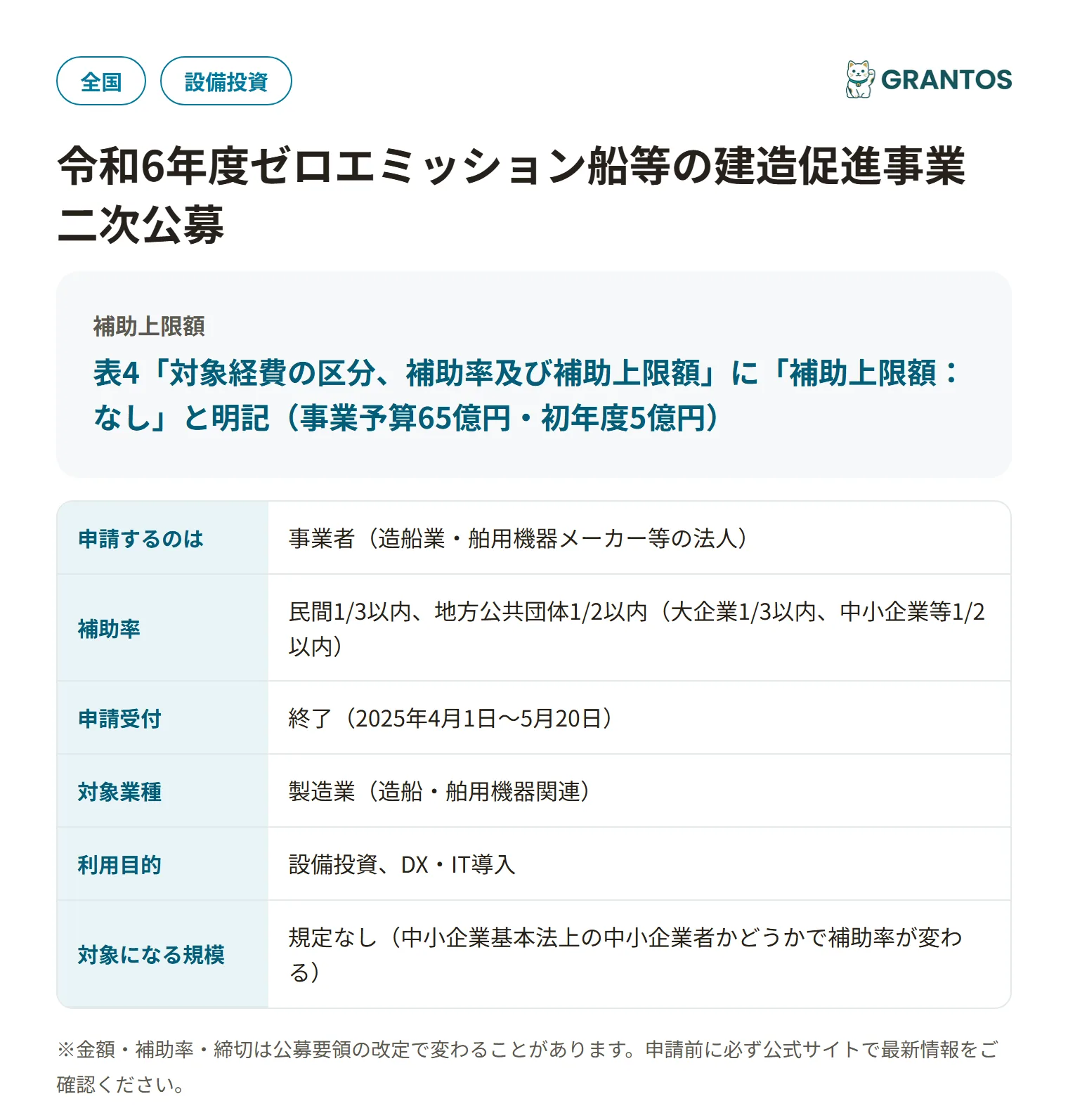 ゼロエミッション船等の建造促進事業（令和6年度・二次公募）の対象・金額・締切の概要